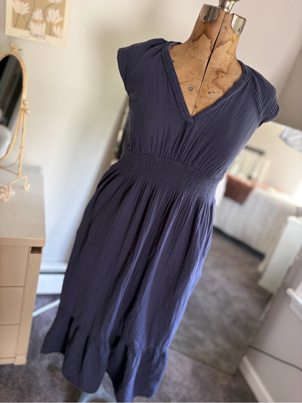 100% Gauzy Cotton Smocked Waist Tiered Midi Dress